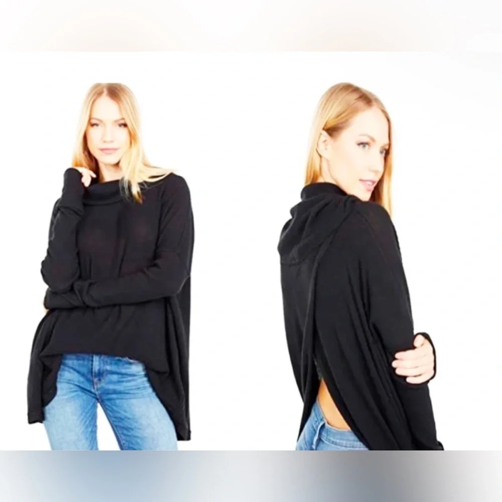 NWT Free People Juicy Long Sleeve Top Cowl Neck Thermal Oversized Open Back blac - Picture 4 of 11